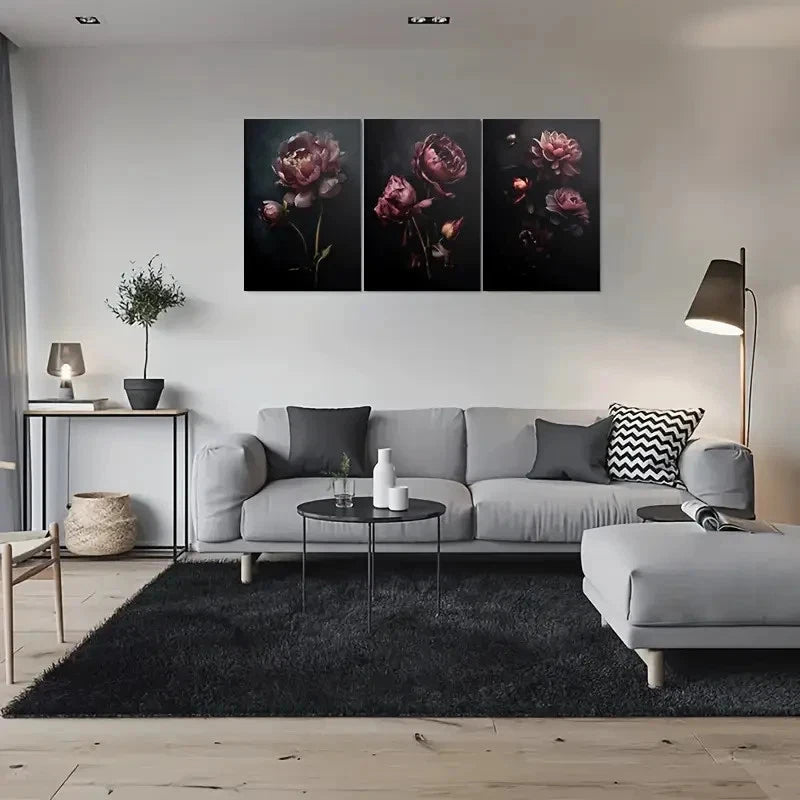 3pcs Dark Peony Triptych Painting Metal Print Ready to Hang Art