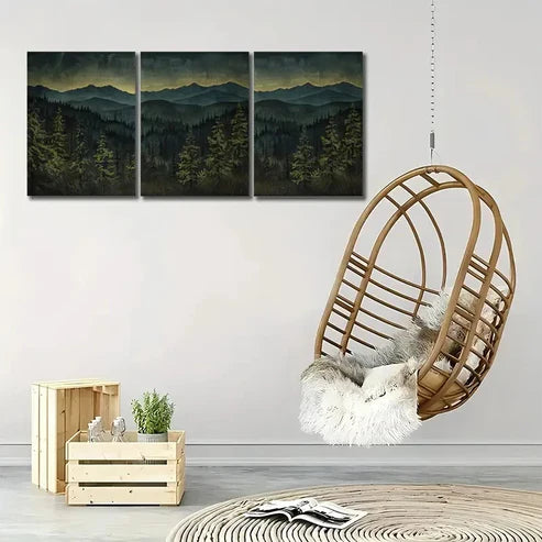 3pcs Dark Forest Mountain Range Triptych Wall Art Set Canvas Unframed - High Quality Print 100% Australian Made Wall Canvas