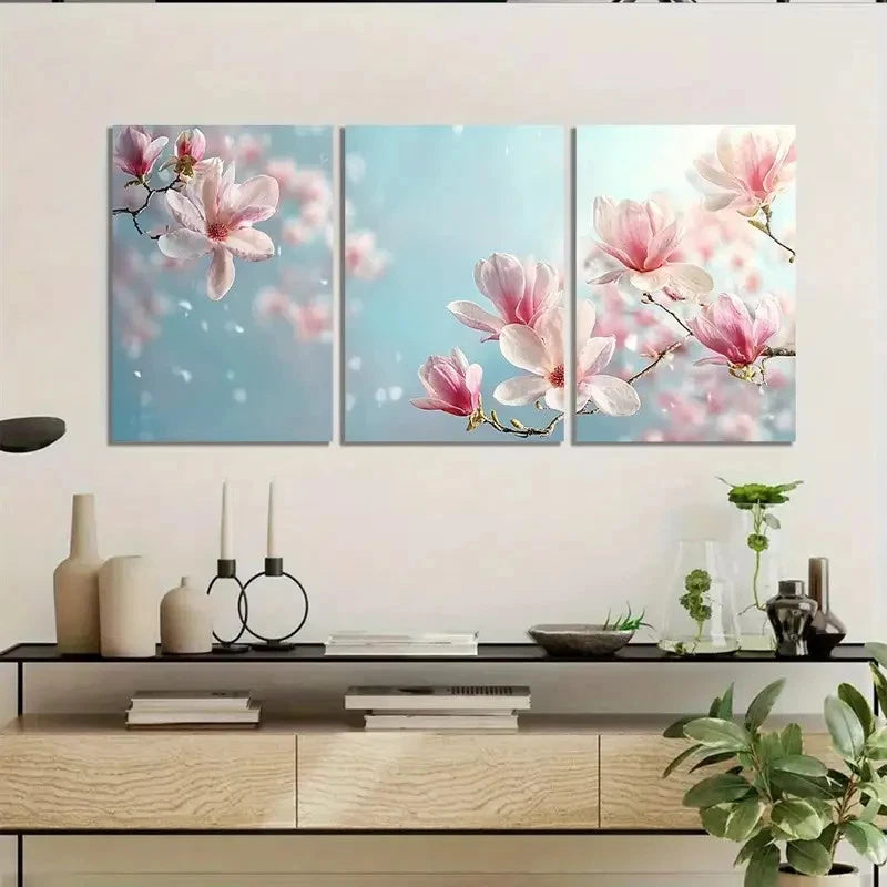 3pcs Beautiful Pink Magnolia Flowers Wall Art Set Canvas Framed 60x90cm - High Quality Print 100% Australian Made Wall Canvas Ready to Hang