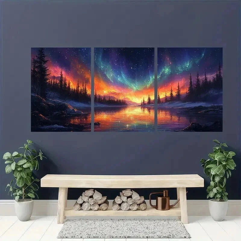 3pcs Northern Lights Starry Night Scene Wall Art Set Canvas Framed 40x60cm - High Quality Print 100% Australian Made Wall Canvas Ready to Hang