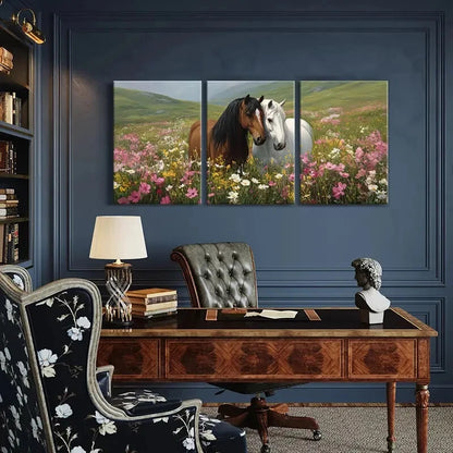 3pcs Horses in Bloom Floral Meadow Landscape Metal Print Ready to Hang Art