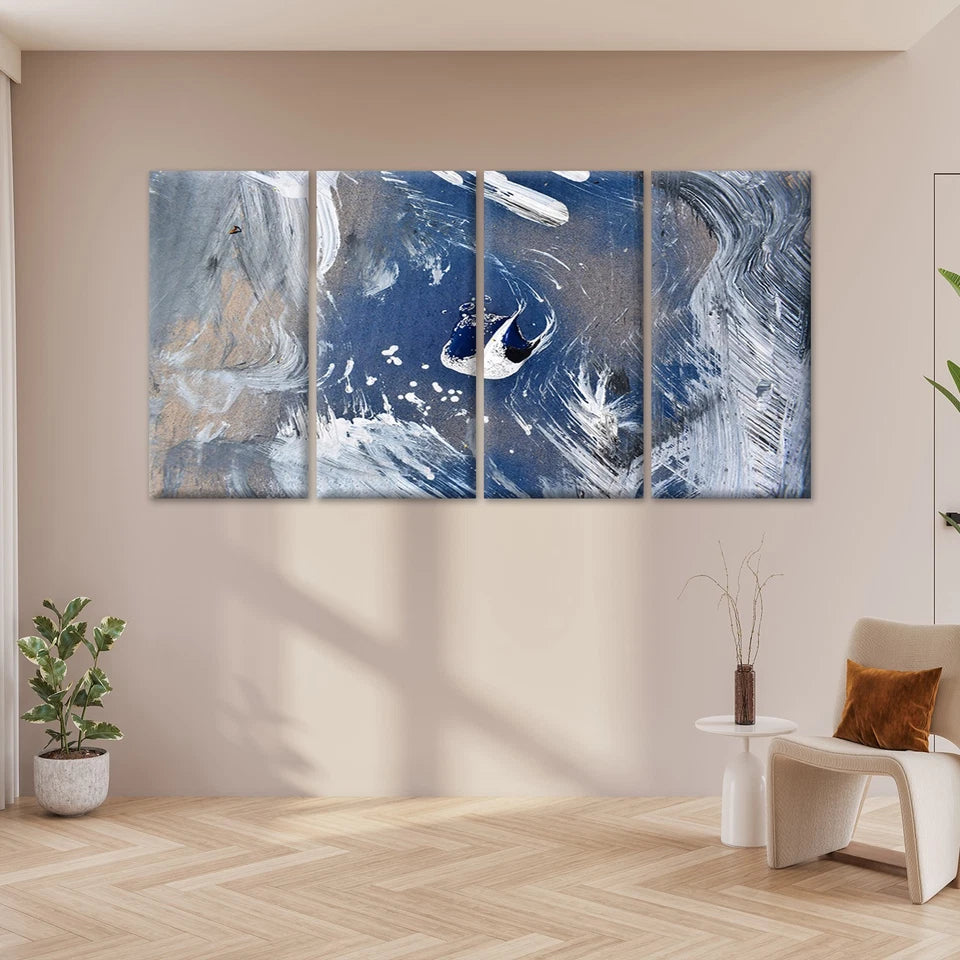 4pcs Abstract Blue and Silver Paint Wall Art Canvas Framed 45x80cm - High Quality Print 100% Australian Made Wall Canvas Ready to Hang