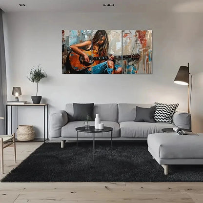 3pcs Woman with Guitar Painting Metal Print Ready to Hang Art