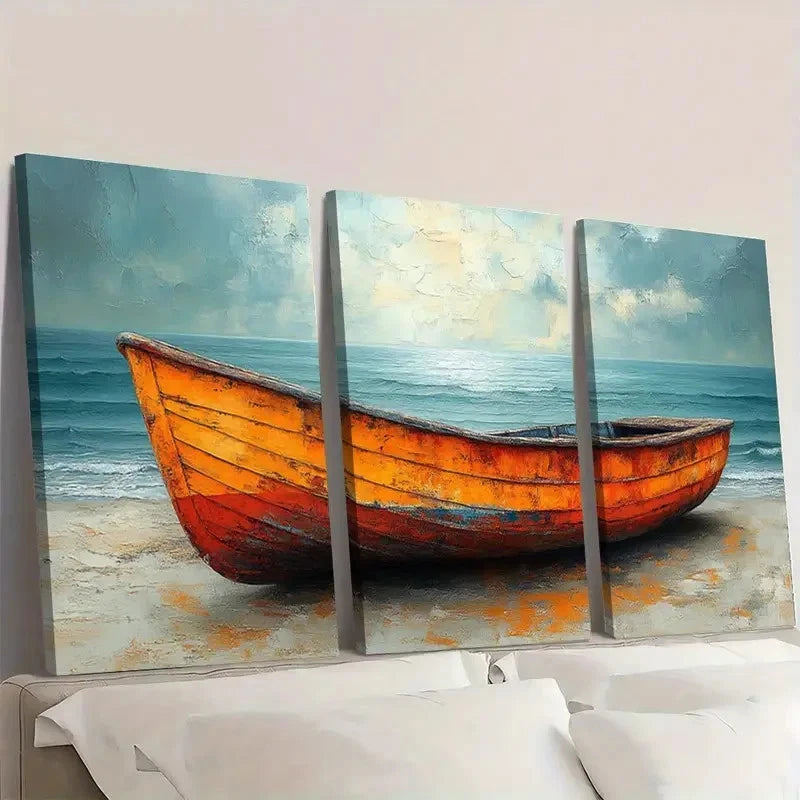 3pcs Boat Vintage Modern Style Serene Seascape Wall Art Set Canvas Framed 40x60cm - High Quality Print 100% Australian Made Wall Canvas Ready to Hang