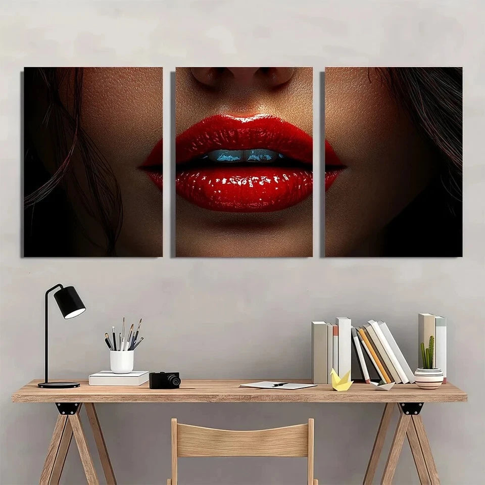 3pcs Bold Red Lips Abstract Short Bob Hairstyle Metal Print Ready to Hang Art