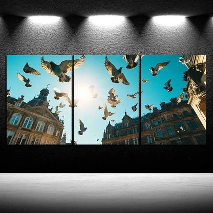 3pcs Flying Pigeons Blue Sky Clouds Metal Print Ready to Hang Art