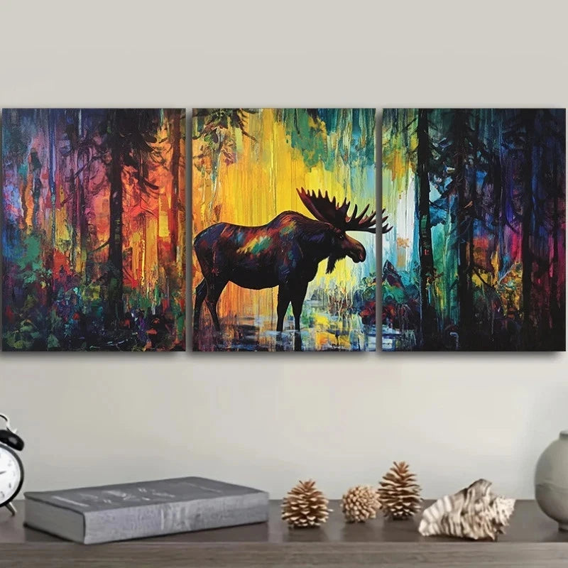 3pcs Moose Forest Colourful Yellow Metal Print Ready to Hang Art