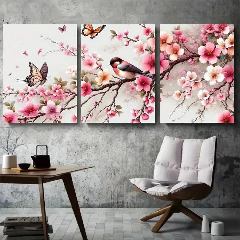 3pcs Pink Floral Branch with Butterfly and Bird Metal Print Ready to Hang Art