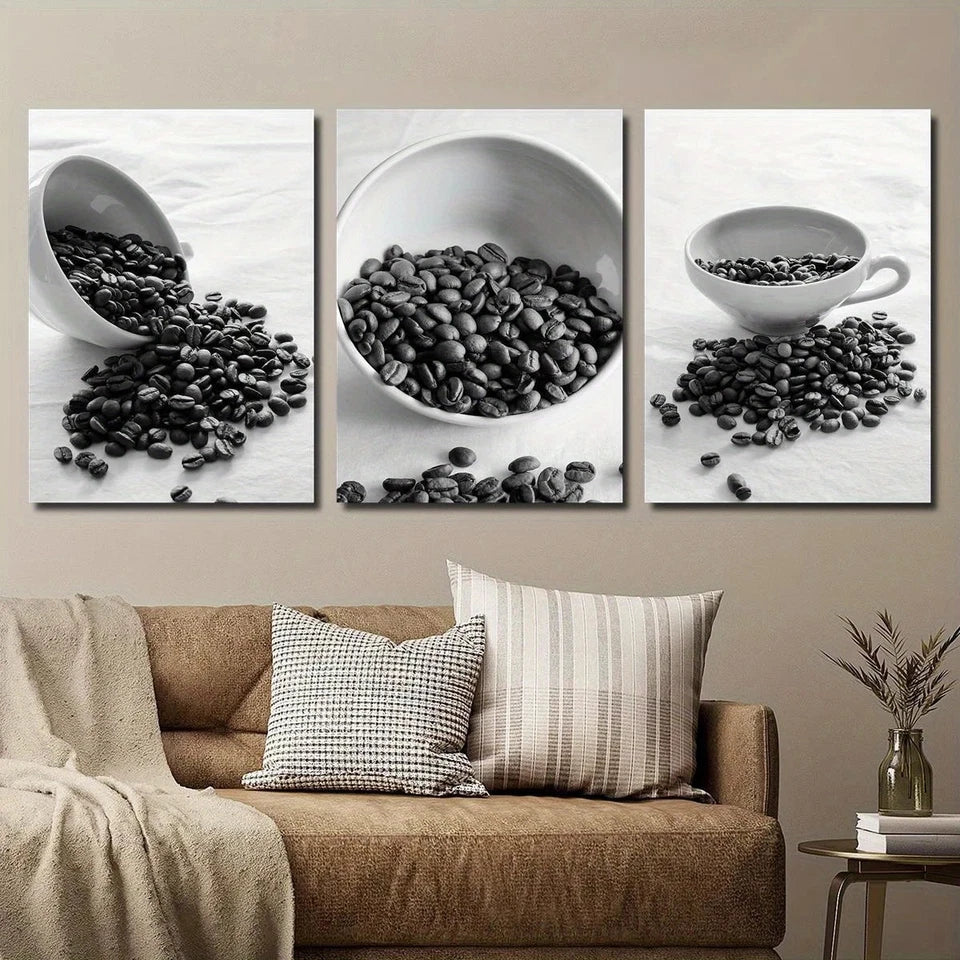 3pcs Coffee Bean Black & White Design Metal Print Ready to Hang Art
