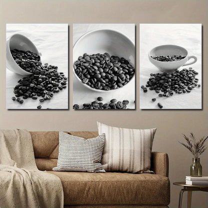 3pcs Coffee Bean Black & White Design Metal Print Ready to Hang Art