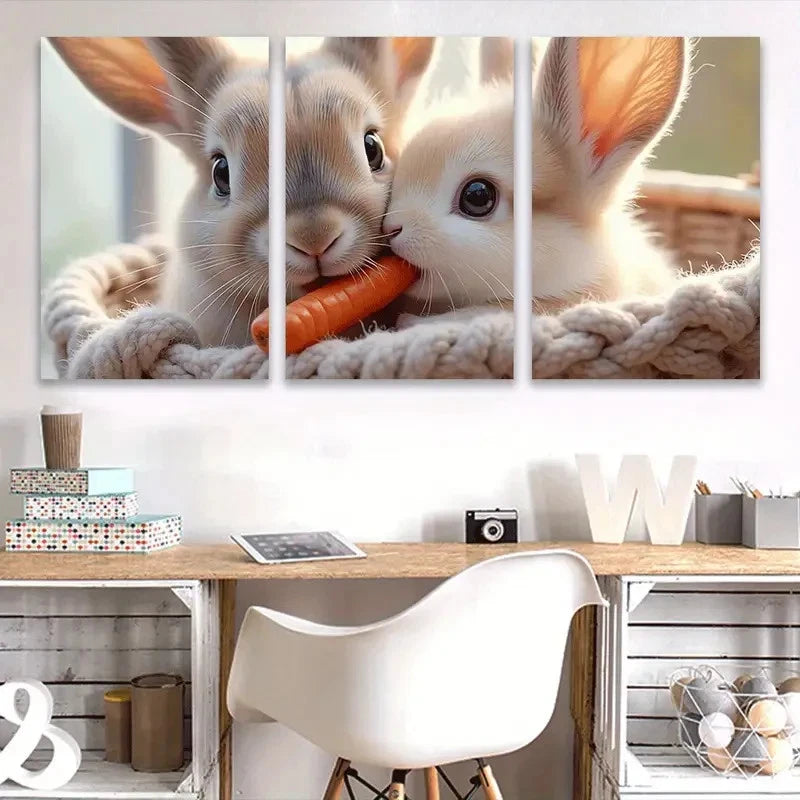 3pcs Adorable Rabbit Eating Carrots Wall Art Set Canvas Framed 40x60cm - High Quality Print 100% Australian Made Wall Canvas Ready to Hang