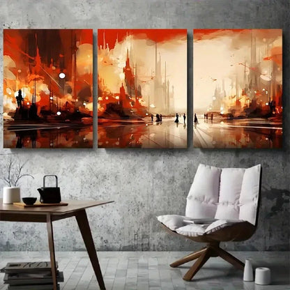 3pcs Dynamic Red Orange SciFi City Metal Print Ready to Hang Art