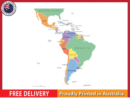 Latin America Single States Polit map with details 91x61cm poster AU