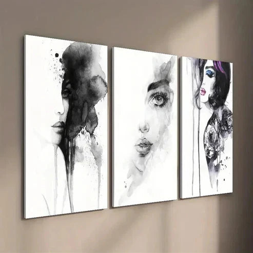 3pcs Black and White Female Portrait Wall Art Set Canvas Unframed - High Quality Print 100% Australian Made Wall Canvas