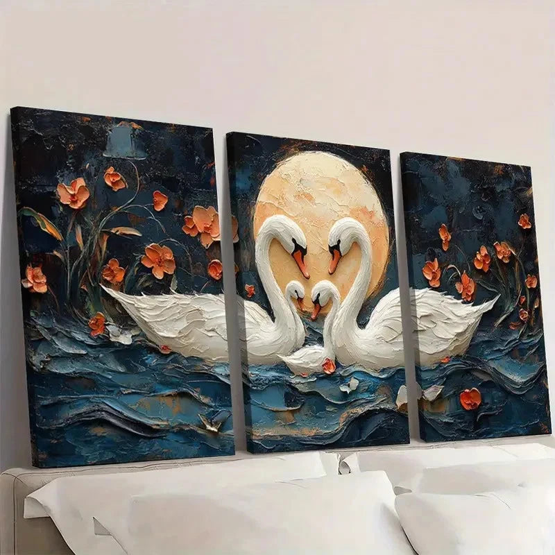 3pcs Animal Series Swan Family Pattern Wall Art Set Canvas Framed 50x70cm - High Quality Print 100% Australian Made Wall Canvas Ready to Hang