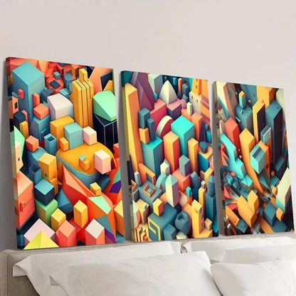 3pcs Mosaic Color Geometric City Top Cubic Wall Art Set Canvas Framed 40x60cm - High Quality Print 100% Australian Made Wall Canvas Ready to Hang
