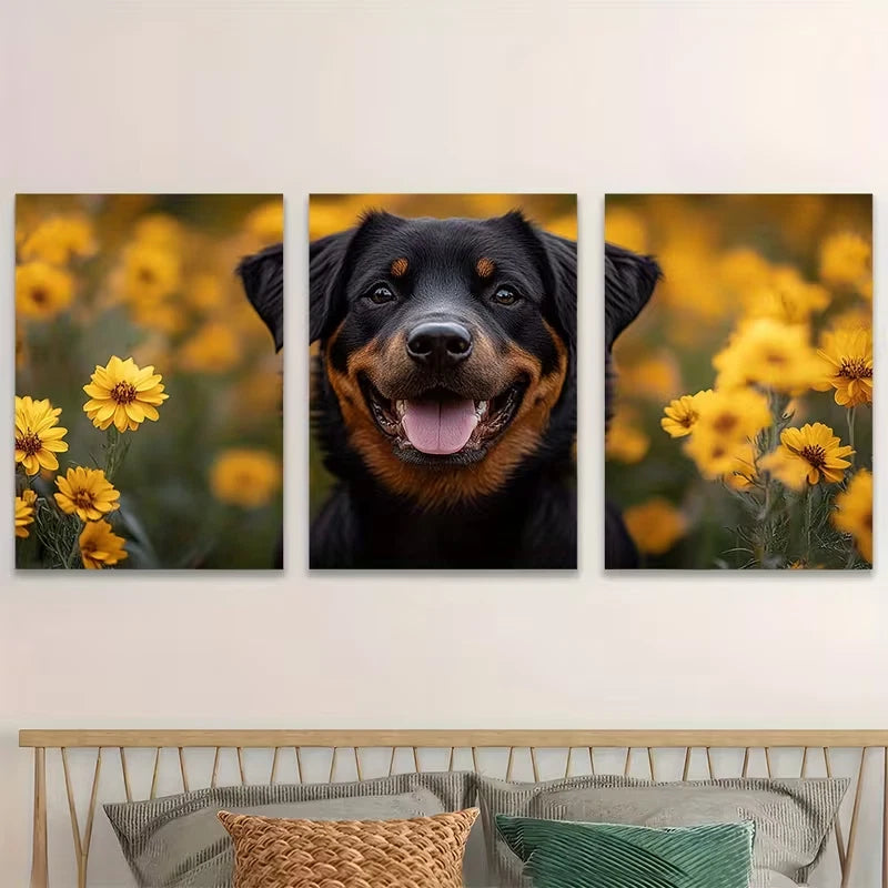 3pcs Happy Dog in Wildflower Field Metal Print Ready to Hang Art