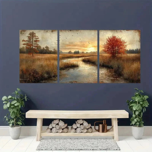 3pcs Impressionist Countryside Golds Nature Wall Art Set Canvas Framed 40x60cm - High Quality Print 100% Australian Made Wall Canvas Ready to Hang
