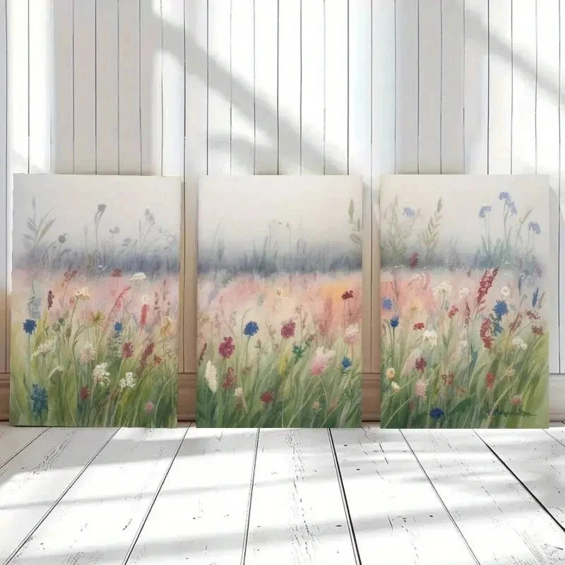 3pcs Wildflowers Green Grass Landscape Painting Metal Print Ready to Hang Art