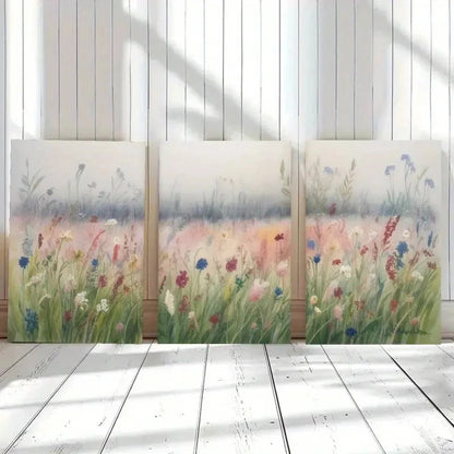 3pcs Wildflowers Green Grass Landscape Painting Metal Print Ready to Hang Art