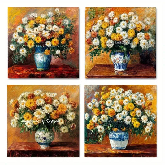 4pcsl Floral Bouquets in Blue & White VasesWall Art Canvas Framed