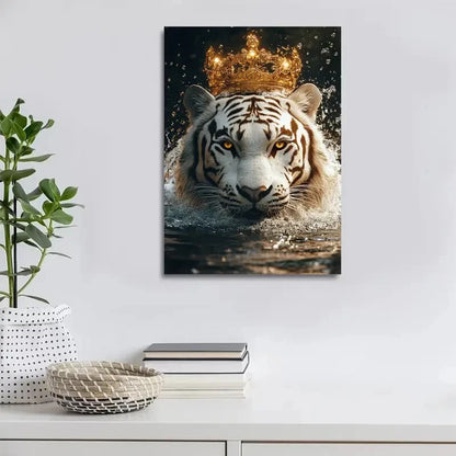 Contemporary Luxury White Tiger with Golden Painting 40x60cm Metal Print Ready to Hang