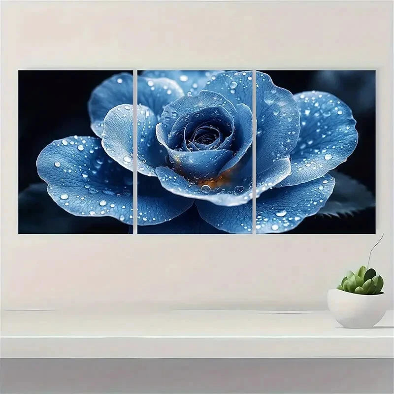 3pcs Elegant Blue White Rose Floral Design Metal Print Ready to Hang Art