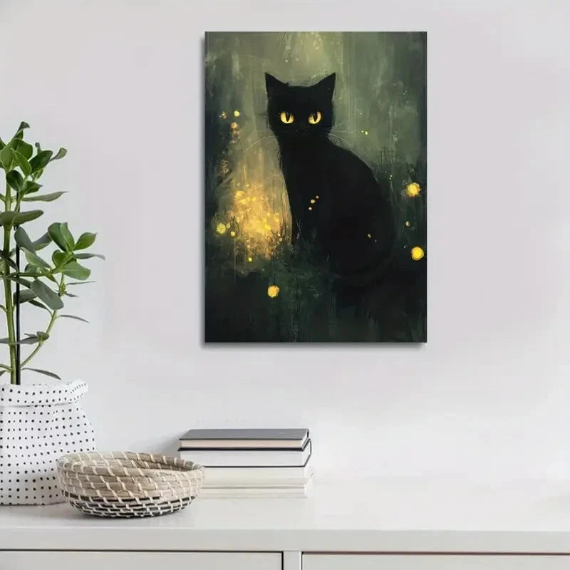 Whimsical Black Cat Contemporary Painting 40x60cm Metal Print Ready to Hang