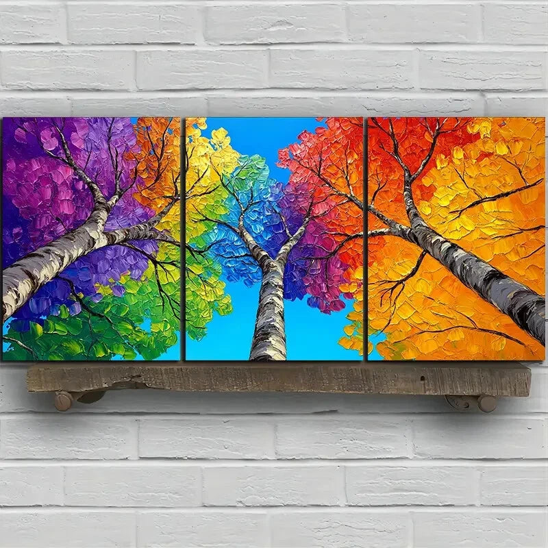3pcs Colorful Trees Blue Sky Yellow Red Metal Print Ready to Hang Art