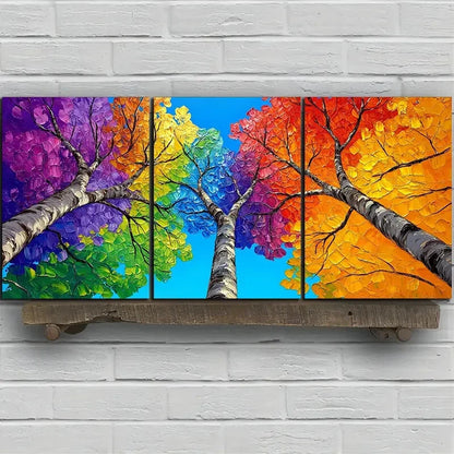 3pcs Colorful Trees Blue Sky Yellow Red Metal Print Ready to Hang Art