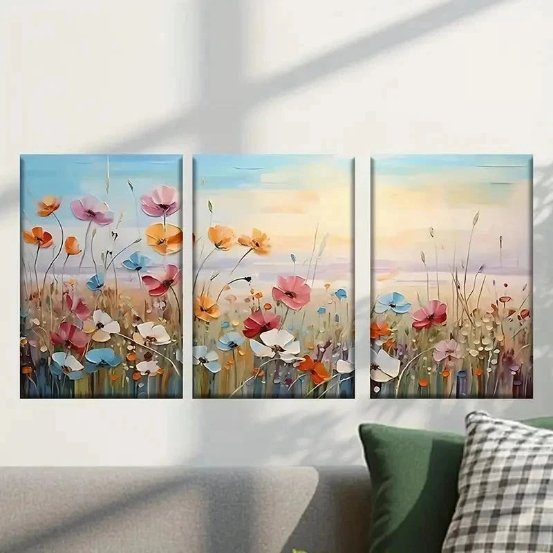 3pcs Painting of Flowers in a Field Wall Art Set Canvas Framed 40x60cm - High Quality Print 100% Australian Made Wall Canvas Ready to Hang