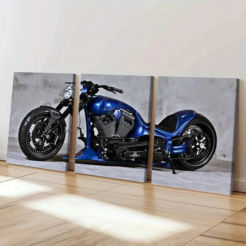 3pcs Blue Retro Motorcycle Vehicle Wall Art Set Canvas Framed 60x90cm - High Quality Print 100% Australian Made Wall Canvas Ready to Hang