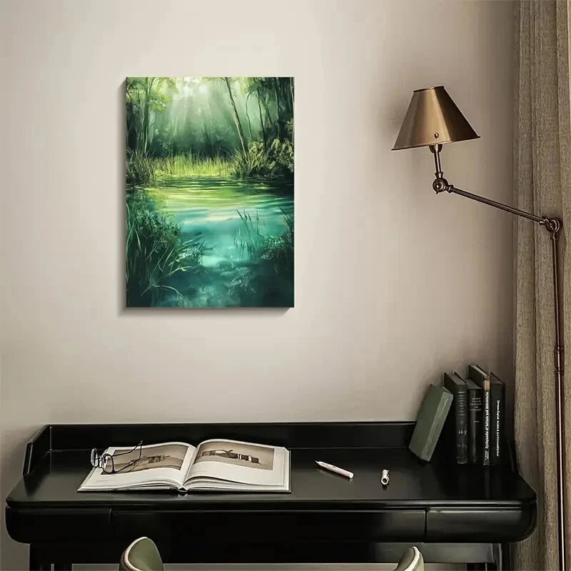 Serene Green Landscape with Misty Sunlight 40x60cm Metal Print Ready to Hang