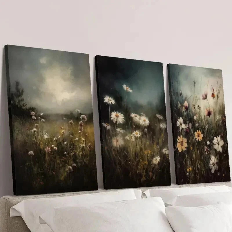3pcs Dark Background & Floral Landscape Wall Art Set Canvas Framed 40x60cm - High Quality Print 100% Australian Made Wall Canvas Ready to Hang