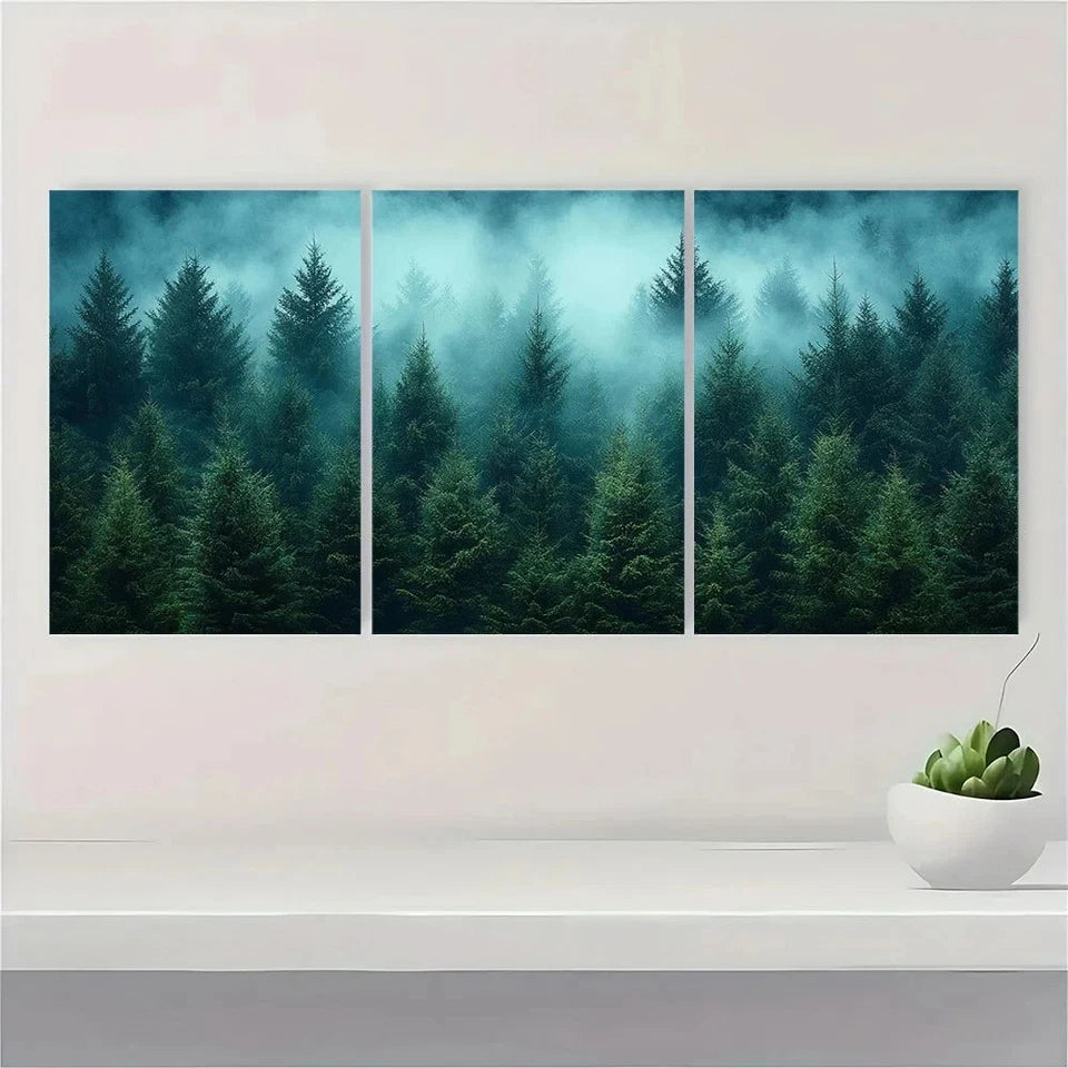 3pcs Fog Forest Modern Pine Trees Metal Print Ready to Hang Art