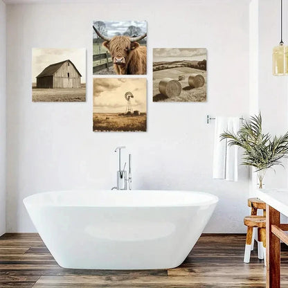 4pcs Rustic Windmills Hay Field Art Prints Wall Art Canvas Framed