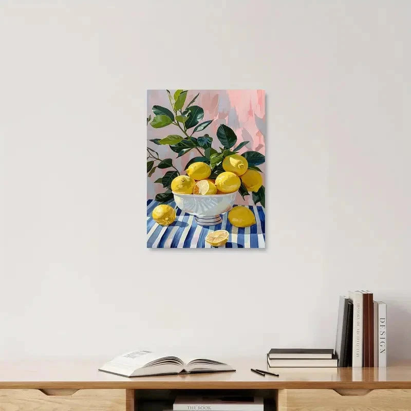 Yellow Lemon & Blue White Tablecloths Painting 40x60cm Metal Print Ready to Hang
