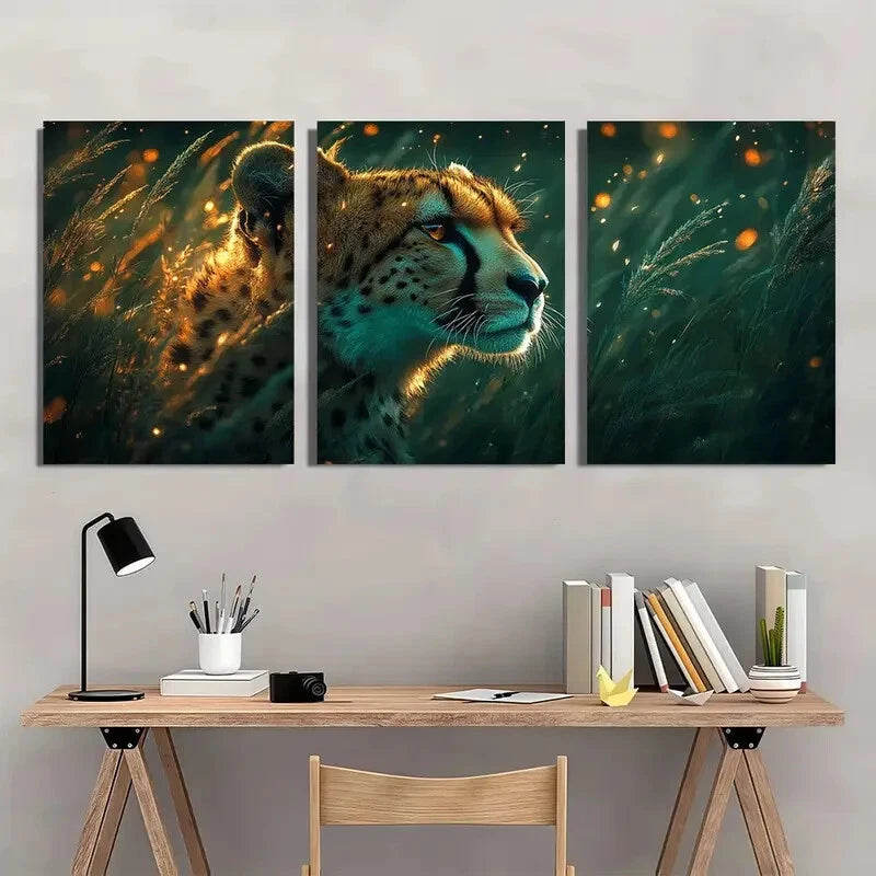 3pcs Cheetah Emerald Green Golden Theme Metal Print Ready to Hang Art