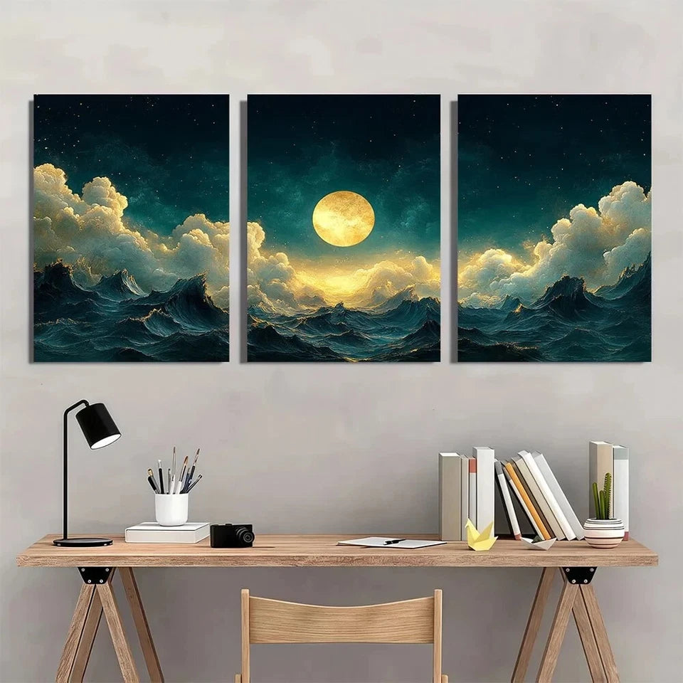 3pcs Vintage Emerald Green Sky Abstract Metal Print Ready to Hang Art