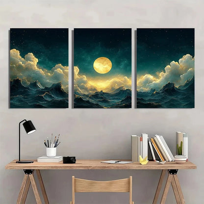 3pcs Vintage Emerald Green Sky Abstract Metal Print Ready to Hang Art