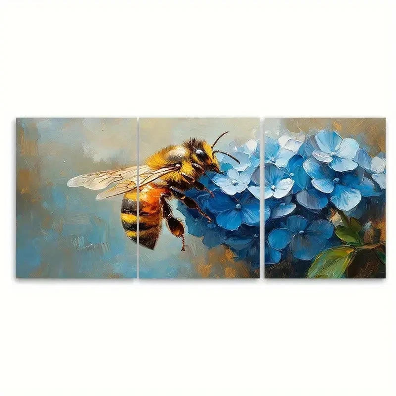 3pcs Hydrangea Painting Honeybee V Wall Art Set Canvas Framed 50x70cm - High Quality Print 100% Australian Made Wall Canvas Ready to Hang