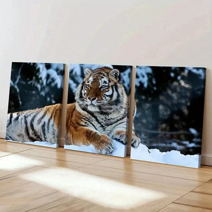 3pcs Tiger in Snow Surface Modern Wall Art Set Canvas Framed 40x60cm - High Quality Print 100% Australian Made Wall Canvas Ready to Hang
