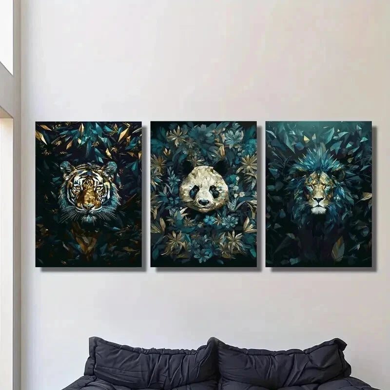 3pcs Blue Geometric Tiger Lion and Giant Panda Wall Art Set Canvas Framed 40x60cm - High Quality Print 100% Australian Made Wall Canvas Ready to Hang