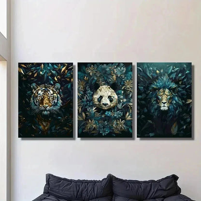 3pcs Blue Geometric Tiger Lion and Giant Panda Wall Art Set Canvas Framed 40x60cm - High Quality Print 100% Australian Made Wall Canvas Ready to Hang