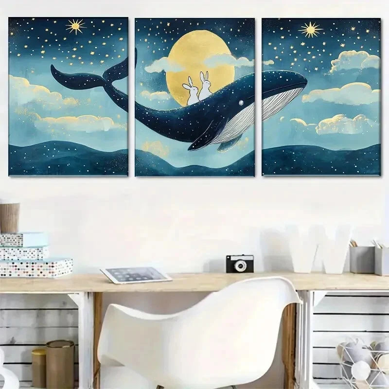 3pcs Rabbits Riding a Majestic Whale Perfect Wall Art Set Canvas Framed 40x60cm - High Quality Print 100% Australian Made Wall Canvas Ready to Hang