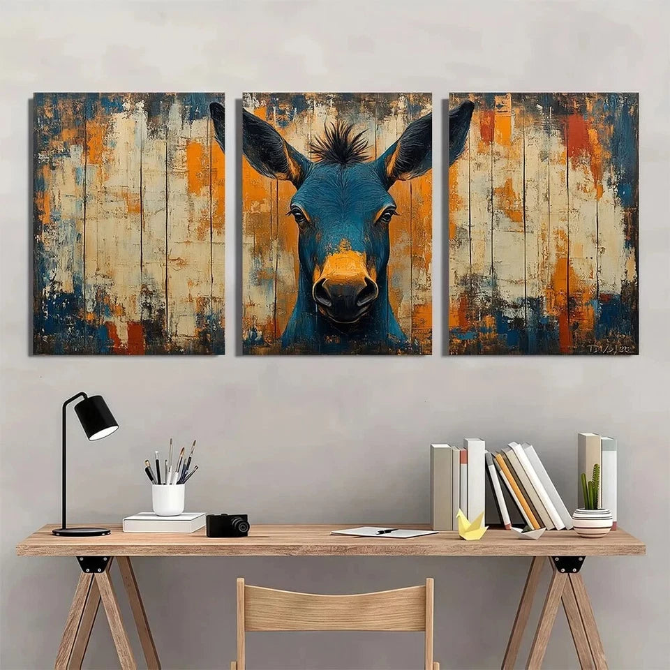 3pcs Abstract Vintage Donkey Rustic Blue & Orange Metal Print Ready to Hang Art