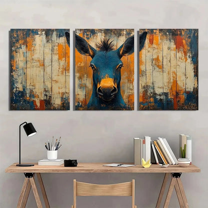 3pcs Abstract Vintage Donkey Rustic Blue & Orange Metal Print Ready to Hang Art