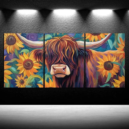 3pcs Sunflowers And Cows Oil Painting Metal Print Ready to Hang Art