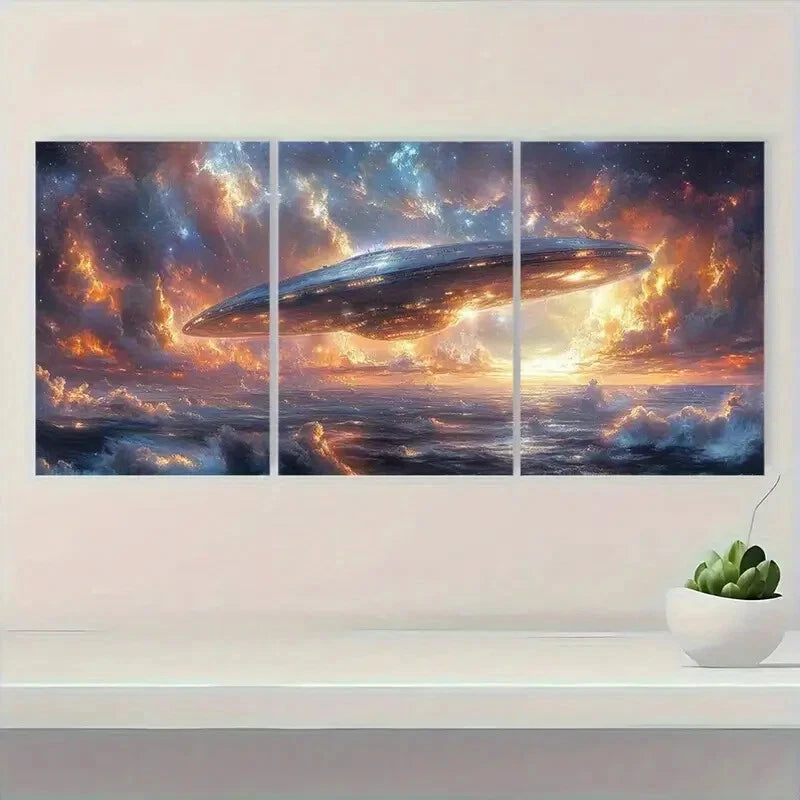 3pcs Alien Spacecraft Vibrant Cosmic Metal Print Ready to Hang Art
