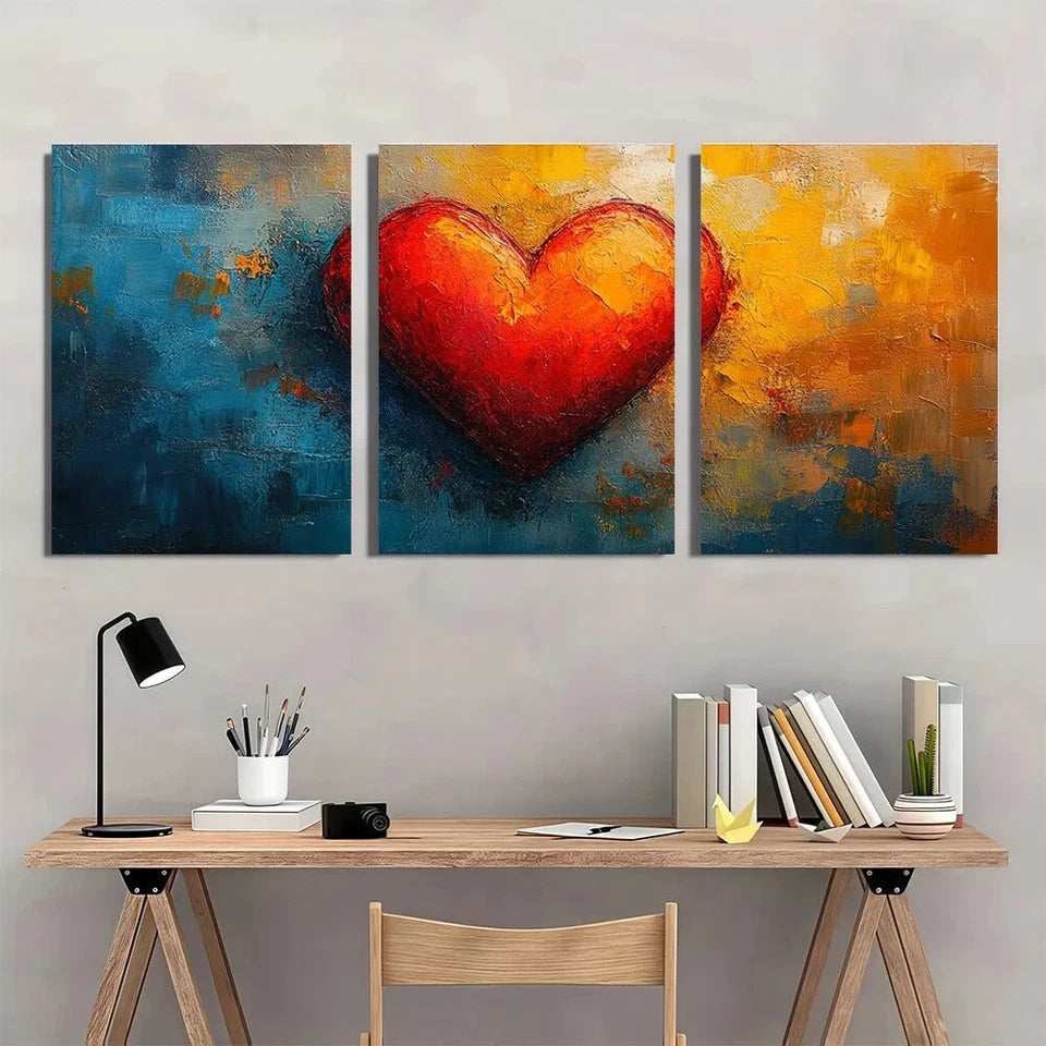 3pcs Abstract Heart Vibrant Blue Orange & Red Metal Print Ready to Hang Art